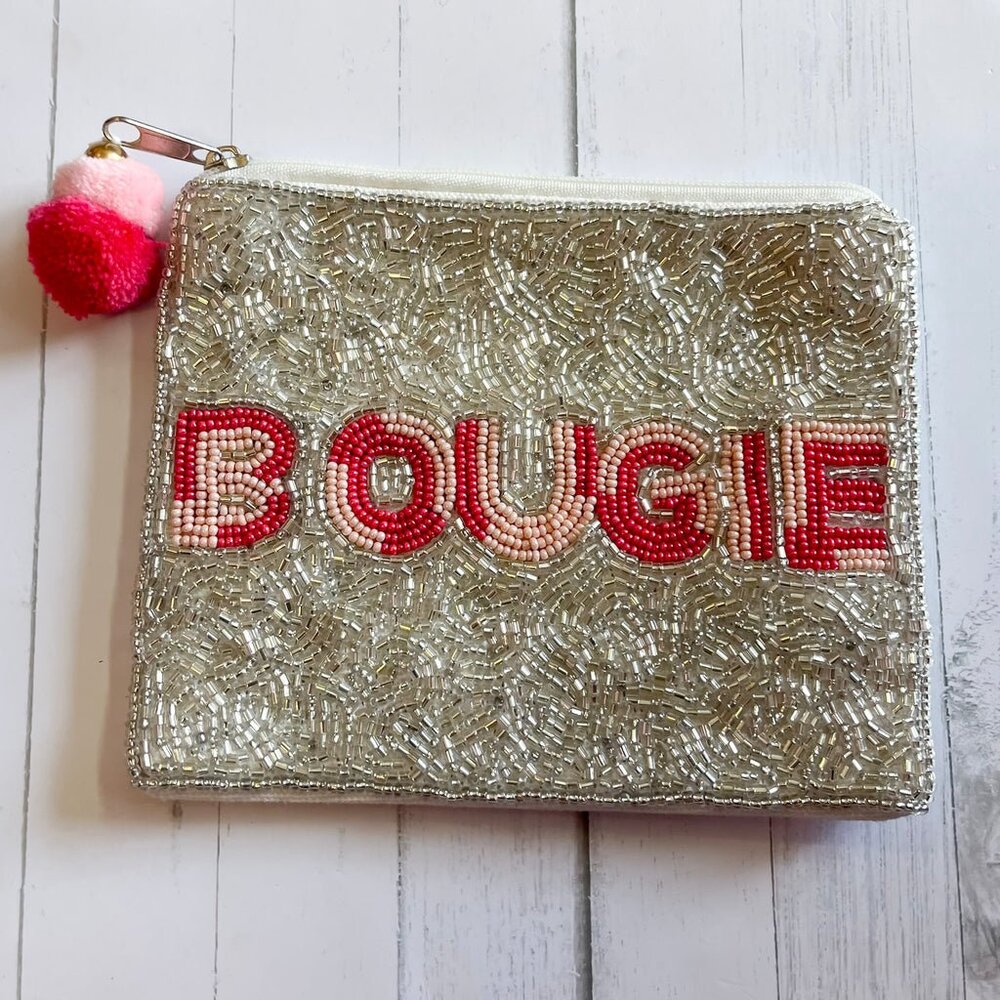 Silver Sparkle BOUGIE Beaded Pom-Pom Zippered Coin Money Storage Bag Pouch Purse
